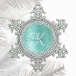 Blauwgroen geborsteld metaal Silver Glitter Monogr Tin Sneeuwvlok Ornament<br><div class="desc">Eenvoudig aan te passen aan deze trendy chic snewflake met kerstsiervormig design met  zilveren mousserende glitter op een blauwgroen geborstelde metalen achtergrond.</div>