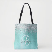 Blauwgroen geborsteld metaal Silver Glitter Monogr Tote Bag (Voorkant)