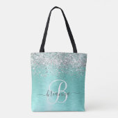 Blauwgroen geborsteld metaal Silver Glitter Monogr Tote Bag (Achterkant)