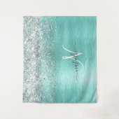 Blauwgroen geborsteld metaal Silver Glitter Monogr Wandkleed (Voorkant)