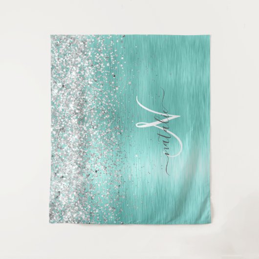 Blauwgroen geborsteld metaal Silver Glitter Monogr Wandkleed (Voorkant)