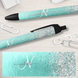 Blauwgroen geborsteld metaal Silver Glitter Monogr Zwarte Inkt Pen