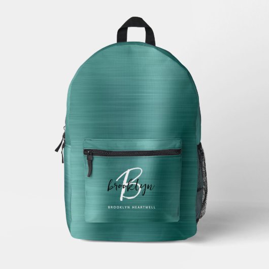 Blauwgroen geborsteld metaal zwart wit monogram na bedrukte rugzak (Voorkant)