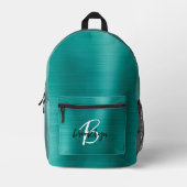 Blauwgroen geborsteld metaal zwart wit script mono bedrukte rugzak (Voorkant)