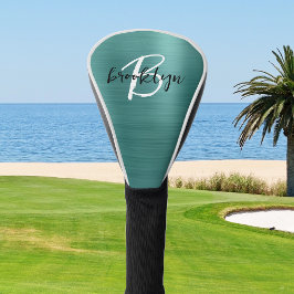 Blauwgroen geborsteld metaal zwart wit script mono golfheadcover