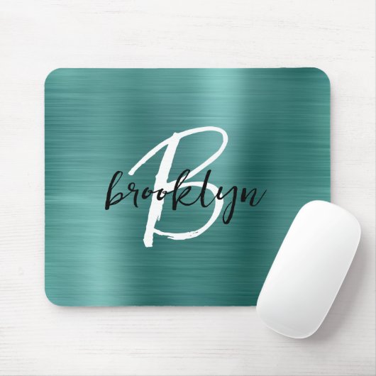 Blauwgroen geborsteld metaal zwart wit script mono muismat (Met muis)