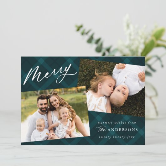 Blauwgroen geborsteld Speld 3 Foto Feestdagenkaart (Staand voorkant)