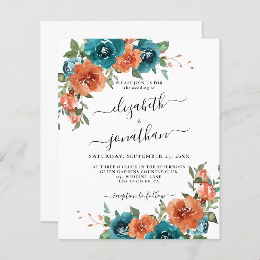 Blauwgroen gebrande Oranje budget roest bruiloft u (Voorkant / Achterkant)