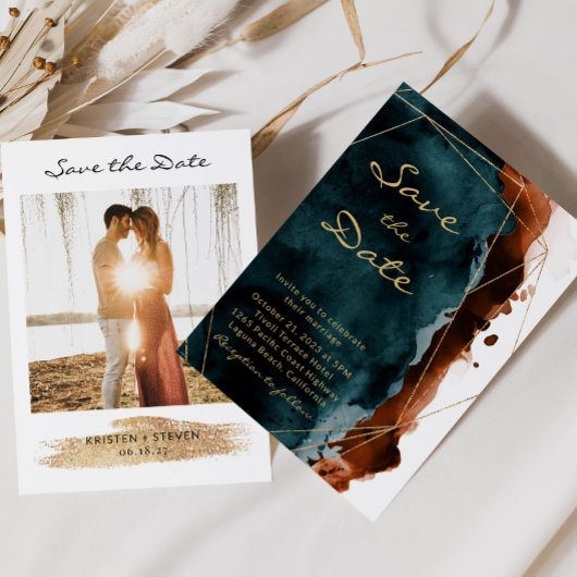 Blauwgroen & gebrande Oranje Waterverf Bewaar de d Save The Date