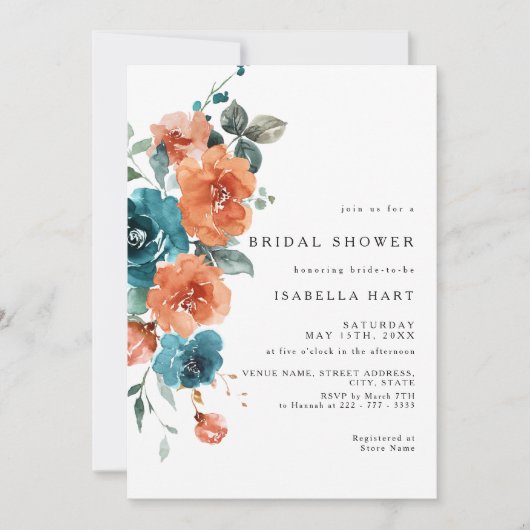 Blauwgroen gebrande Sinaasappels bloemenbruidsdouc Kaart (Voorkant)