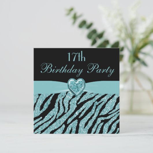 Blauwgroen gedrukt hart en Zebra Glitter 17e verja Kaart (Staand voorkant)