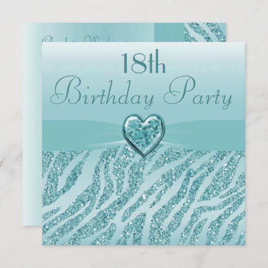 Blauwgroen gedrukt hart en Zebra Glitter 18e verja Kaart (Voorkant / Achterkant)