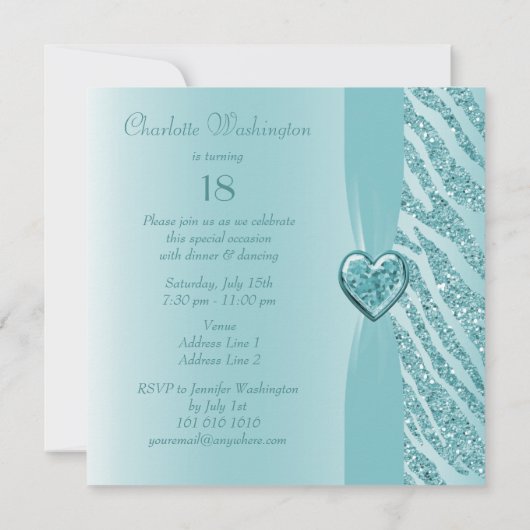 Blauwgroen gedrukt hart en Zebra Glitter 18e verja Kaart (Achterkant)