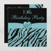 Blauwgroen gedrukt hart en Zebra Glitter 19e verja Kaart (Voorkant / Achterkant)