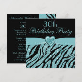 Blauwgroen gedrukt hart en Zebra Glitter 30e verja Kaart (Voorkant / Achterkant)