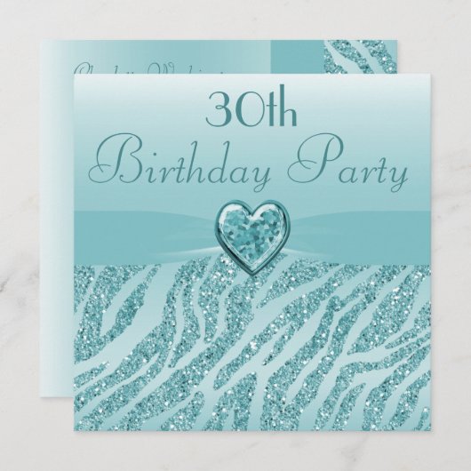 Blauwgroen gedrukt hart en Zebra Glitter 30e verja Kaart (Voorkant / Achterkant)