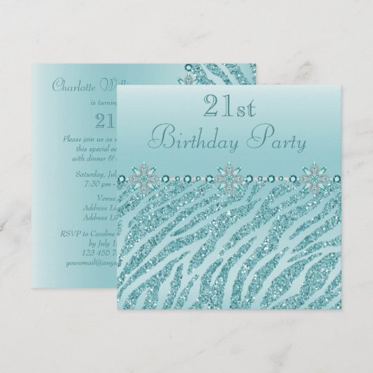Blauwgroen gedrukte juwelen en Zebra Glitter 21st  Kaart (Voorkant / Achterkant)