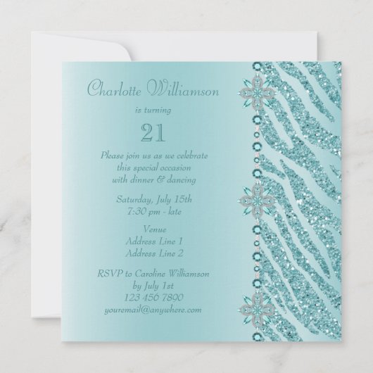 Blauwgroen gedrukte juwelen en Zebra Glitter 21st  Kaart (Achterkant)