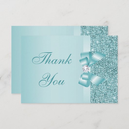Blauwgroen gedrukte Sequins Bow & Diamond Dank u Bedankkaart (Voorkant / Achterkant)