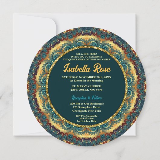Blauwgroen geel fractal kant & Tiara Quinceañera Kaart (Achterkant)