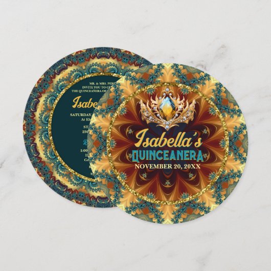 Blauwgroen geel fractal kant & Tiara Quinceañera Kaart (Voorkant / Achterkant)
