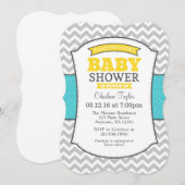 Blauwgroen Geel Grijs Chevron Baby shower Uitnodig Kaart (Voorkant / Achterkant)