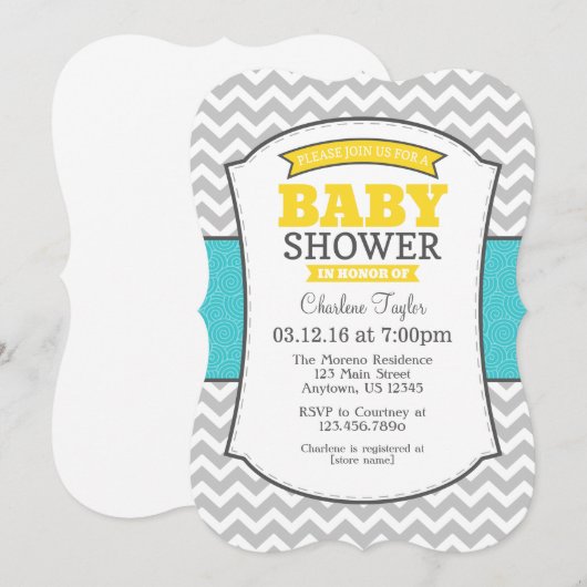 Blauwgroen Geel Grijs Chevron Baby shower Uitnodig Kaart (Voorkant / Achterkant)