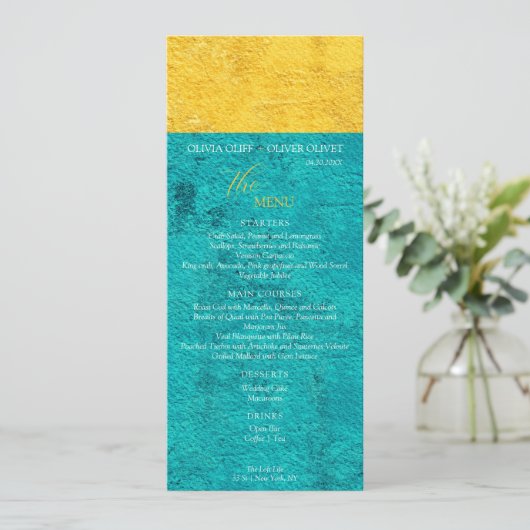 Blauwgroen geel huwelijk menu (Staand voorkant)