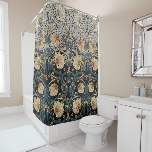 Blauwgroen Geel Pimpernel William Morris Floral Douchegordijn (In situ)