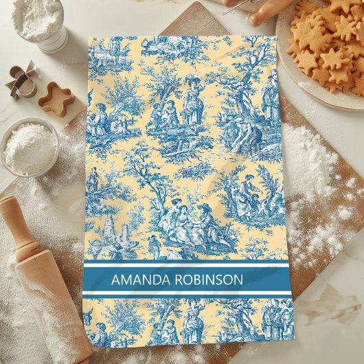  blauwgroen geel Toile de Jouy bedrukt Theedoek