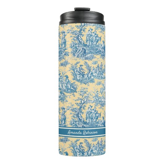  blauwgroen geel Toile de Jouy bedrukt Thermosbeker (Voorkant)