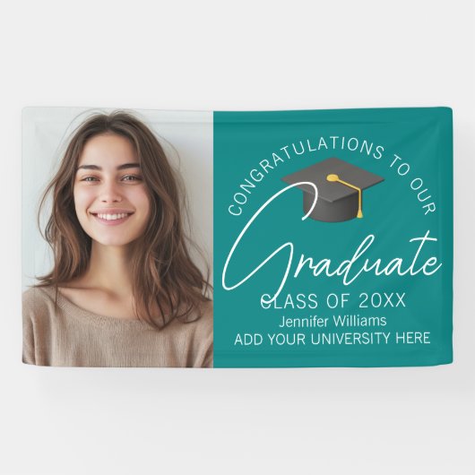 Blauwgroen Gefeliciteerd Afstudeerder Foto Afstude Spandoek (Horizontaal)