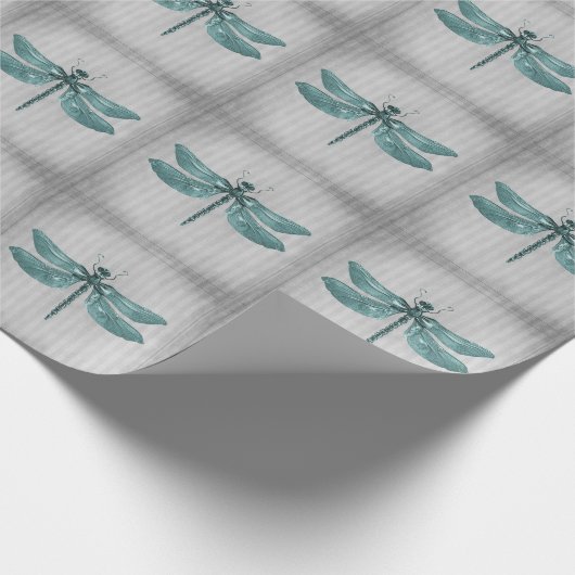 Blauwgroen gejuwelde libel cadeaupapier (Hoek)