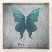 Blauwgroen gejuwelde vlinder glazen onderzetter (Voorkant)