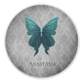 Blauwgroen gejuwelde vlinder keramische knop (Voorkant)