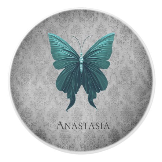 Blauwgroen gejuwelde vlinder keramische knop (Voorkant)