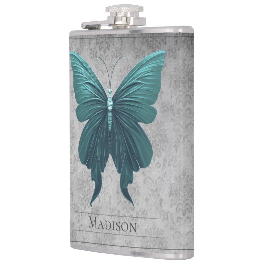 Blauwgroen gejuwelde vlinderfles heupfles (Links)