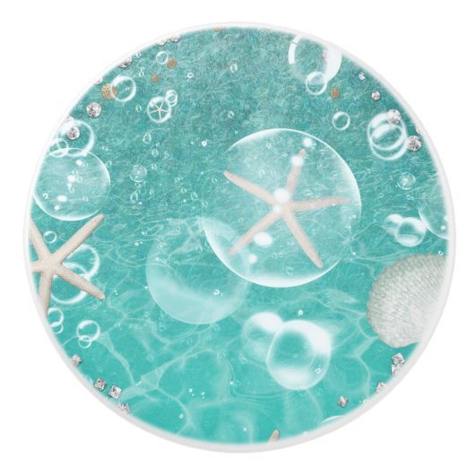 Blauwgroen gekantelde Zee Starfish & Bubbles Ocean Keramische Knop (Voorkant)