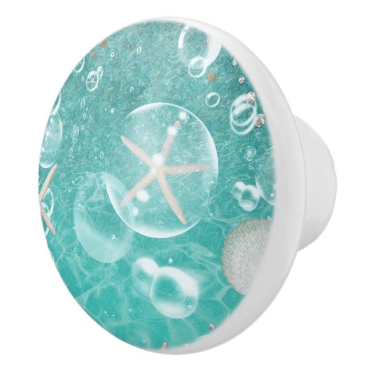 Blauwgroen gekantelde Zee Starfish & Bubbles Ocean Keramische Knop (Rechts)
