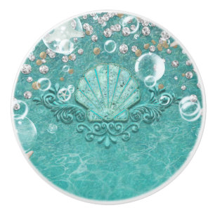Blauwgroen gekantelde Zee Starfish & Bubbles Ocean Keramische Knop