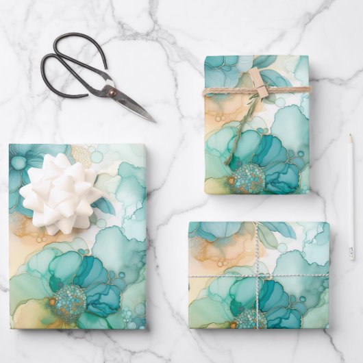 Blauwgroen Gele Alcoholinkt Illustratie Grote Prin Inpakpapier Vel (Voorkant)