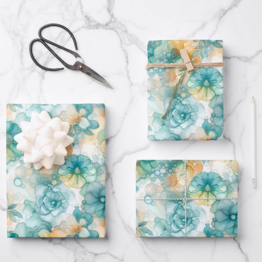 Blauwgroen Gele Alcoholinkt Illustratie Medium Pri Inpakpapier Vel (Voorkant)