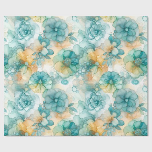 Blauwgroen Gele Alcoholinkt Illustratie Print Cadeaupapier (Vlak)