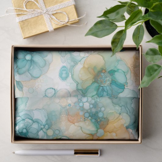 Blauwgroen Gele Alcoholinkt Illustratie Print Tissuepapier (Geschenk)