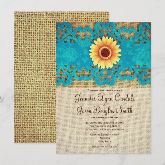 Blauwgroen gele Daisy Rustic Wedding Invitations Kaart (Voorkant / Achterkant)