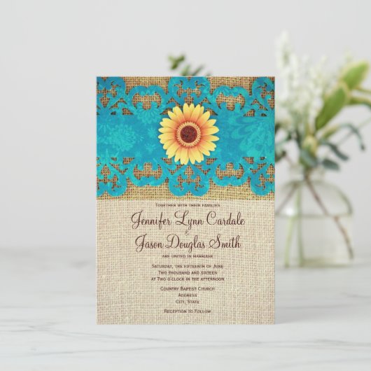 Blauwgroen gele Daisy Rustic Wedding Invitations Kaart (Staand voorkant)