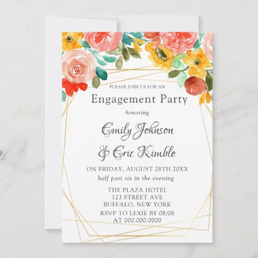Blauwgroen gele Oranje Peony Engagement Party Kaart (Voorkant)
