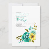 Blauwgroen gele zonnebloem bloemenbruiloft kaart (Voorkant)