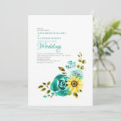 Blauwgroen gele zonnebloem bloemenbruiloft kaart (Staand voorkant)