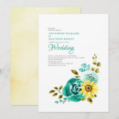 Blauwgroen gele zonnebloem bloemenbruiloft kaart (Voorkant / Achterkant)